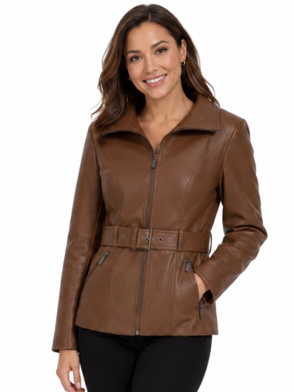 NWT Kenneth Cole Belted Faux Leather Jacket Women's Brown Moto Coat - M - Brown